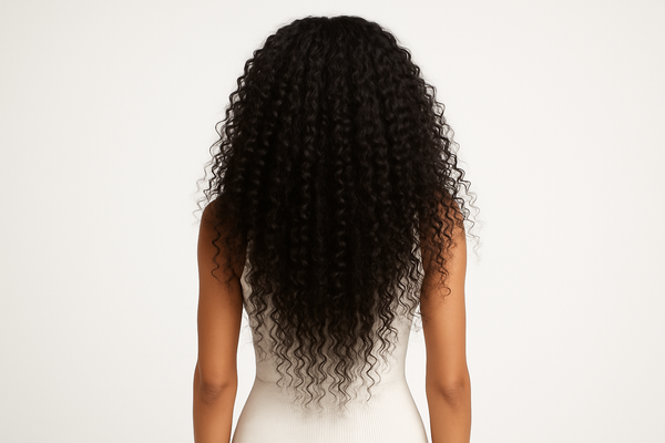 curly hair Extensions women standing back white background