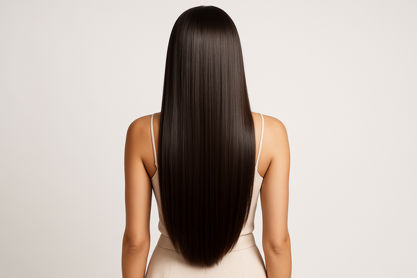 Straight Hair Extensions women standing back white background